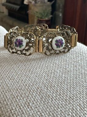 Vintage 1950s Petit Point Filigree Panel Bracelet Gold Tone Victorian Style
